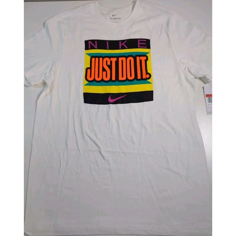 Nike Dri-Fit TShirt Mens White Center Swoosh Logo 80's Vibe Just Do It Sz Large